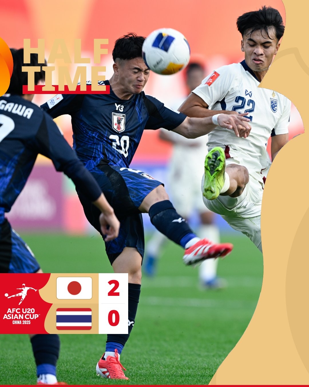  半場(chǎng)-日本U20 2-0領(lǐng)先泰國(guó)U20，石井久繼破門+中柱 泰國(guó)0射正