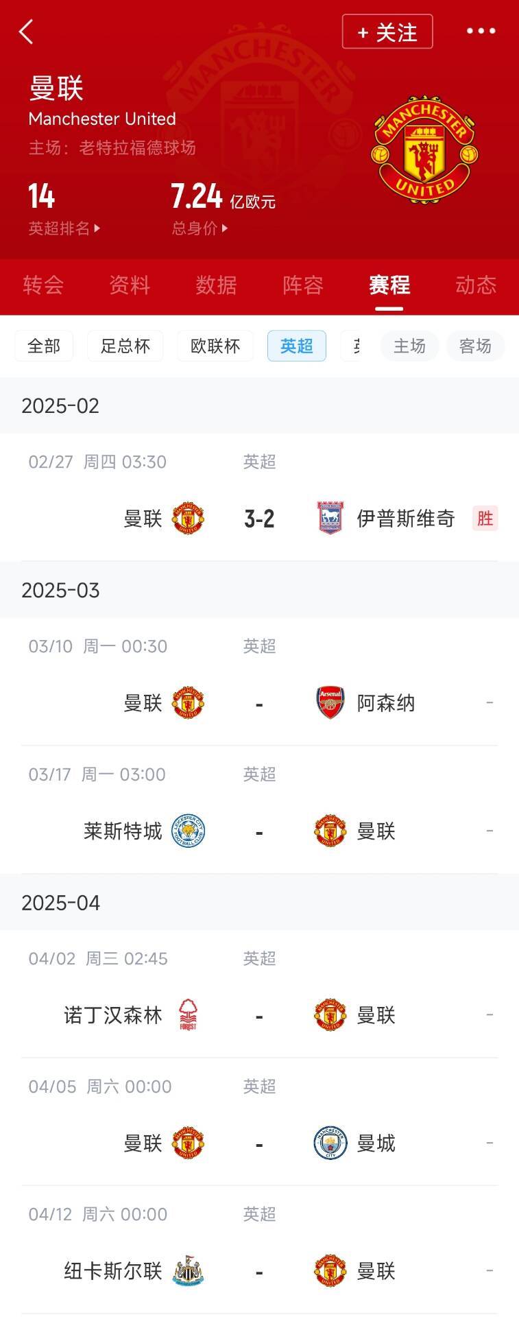  藍狐救一下？曼聯(lián)未來5輪將遭遇英超2/3/4/6名：槍手森林曼城紐卡
