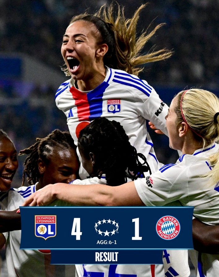  里昂女足4-1大勝拜仁女足，總比分6-1晉級(jí)女足歐冠半決賽